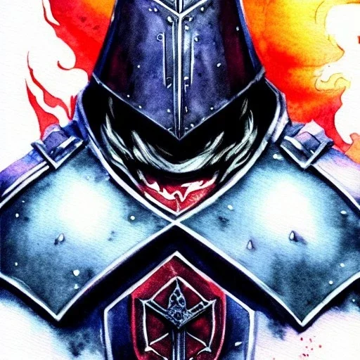 dungeons and dragons, fantasy, dwarf, dark priest, full plate armour, ironclad, dark silvery metal, dark red glow, watercolour, large strokes, distinct face, portrait, head