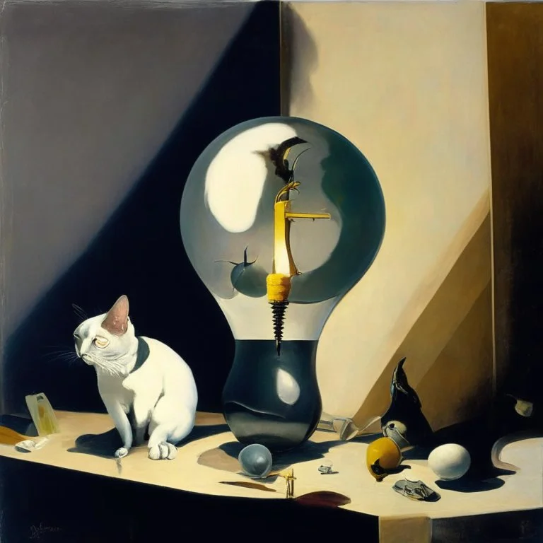 human flesh-like surgical instruments and universe-like neuralink, a cat looking at a pigeon inside a huge bulb between light and shadow at dusk,surrealism,minimalism,Painting By Adrian Ghenie, Rene Magritte, Salvador Dali, Lucian Freud