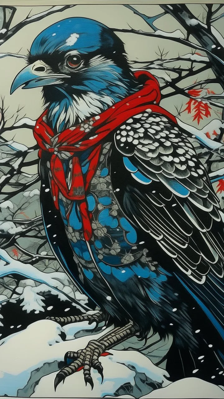 A contemporary serigraphy portrait by Kuniyoshi and Kunisada of a crow adorned in a punk leather jacket within a snowy Christmas atmosphere.