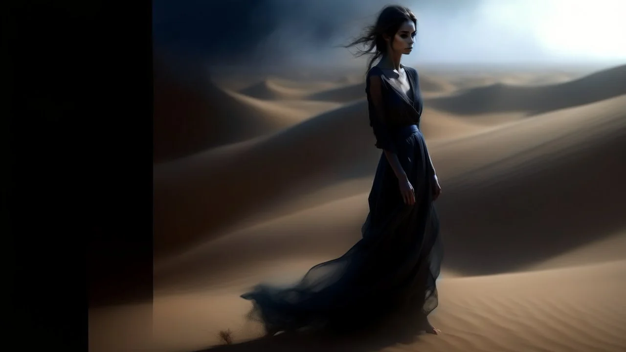 dark and mysterious, An expansive desert with rolling sand dunes, where the heat creates a surreal mirage effect, a single woman of Middle Eastern descent in a flowing dress, squinting into the distance., dark shadows and fog, blurred, neo-expressionism