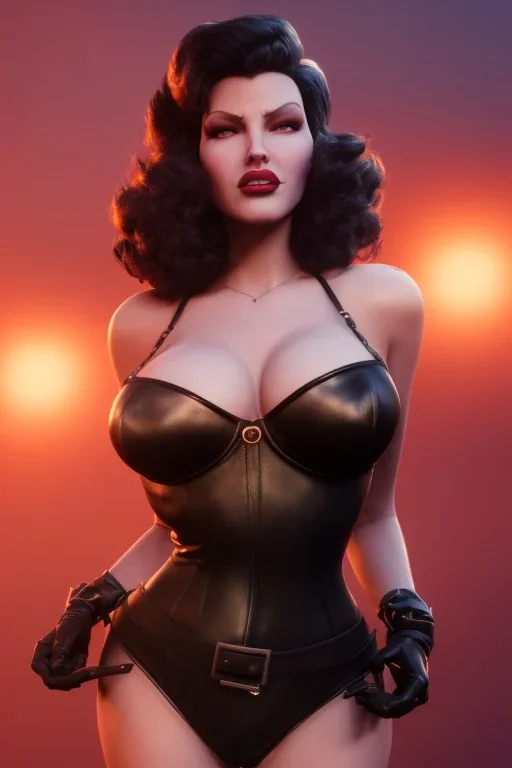 Rita Hayworth as evil queen in black leather, busty, cleavage, dominatrix, curvy, angry, stern look. character design by cory loftis, fenghua zhong, ryohei hase, ismail inceoglu and ruan jia. unreal engine 5, artistic lighting, highly detailed, photorealistic, fantasy