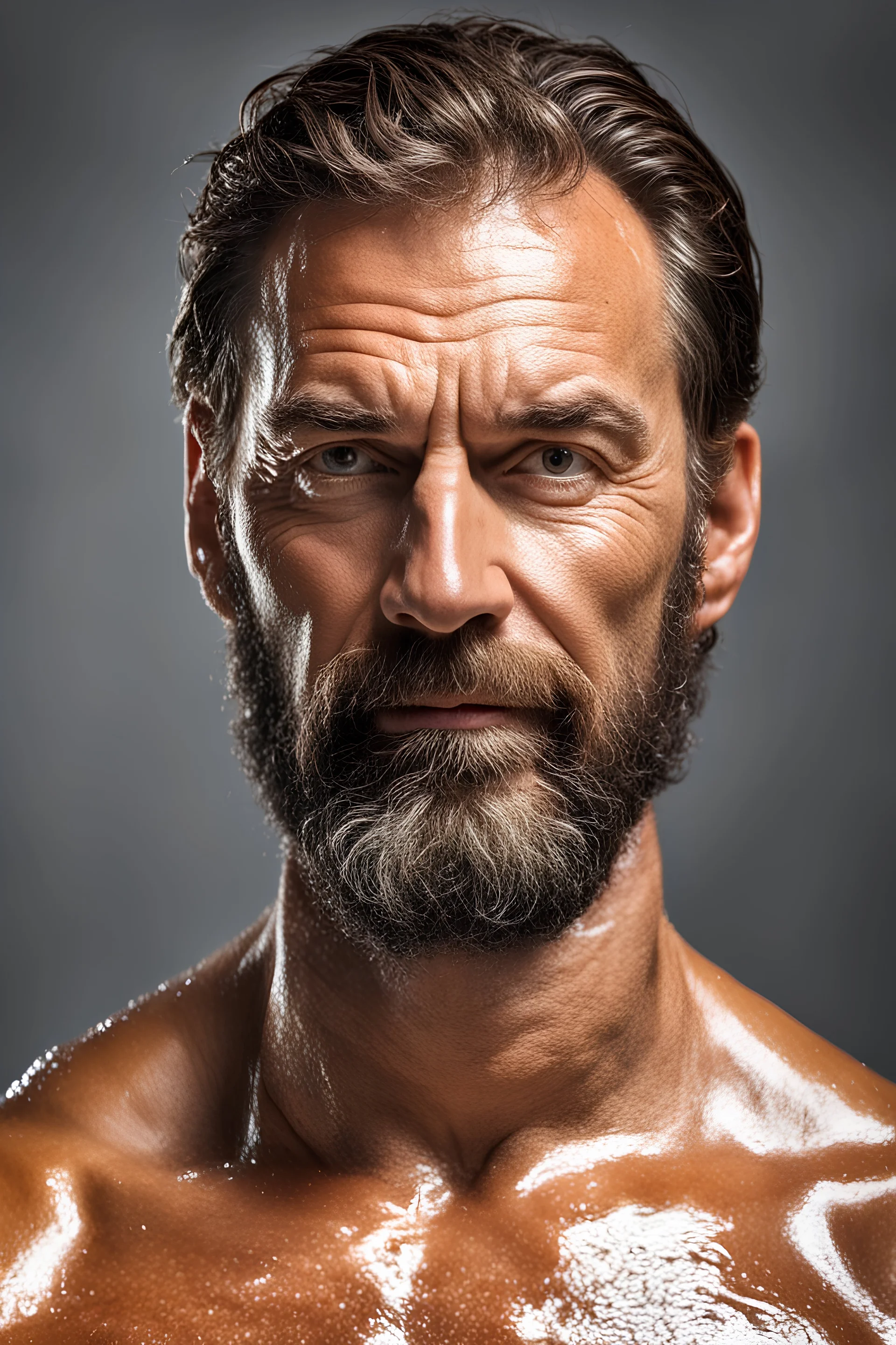 Portrait of incredibly graceful middle age Gym body wellness wet naked man, brown hair, beard, reflecting the modern day with his impression, skin and cheerful looking photorealistic photography, realistic, handsome