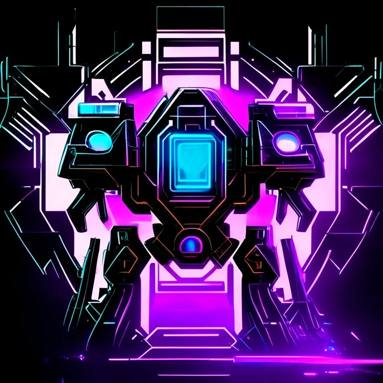 black and purple neon geometric robot with a plus sign symbol for the 'eye' in a black monochrome world