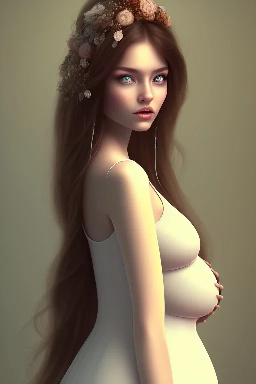 girl, cute, beautiful, pregnant, cottagecore dress, long hair, brown hair, wedding ring