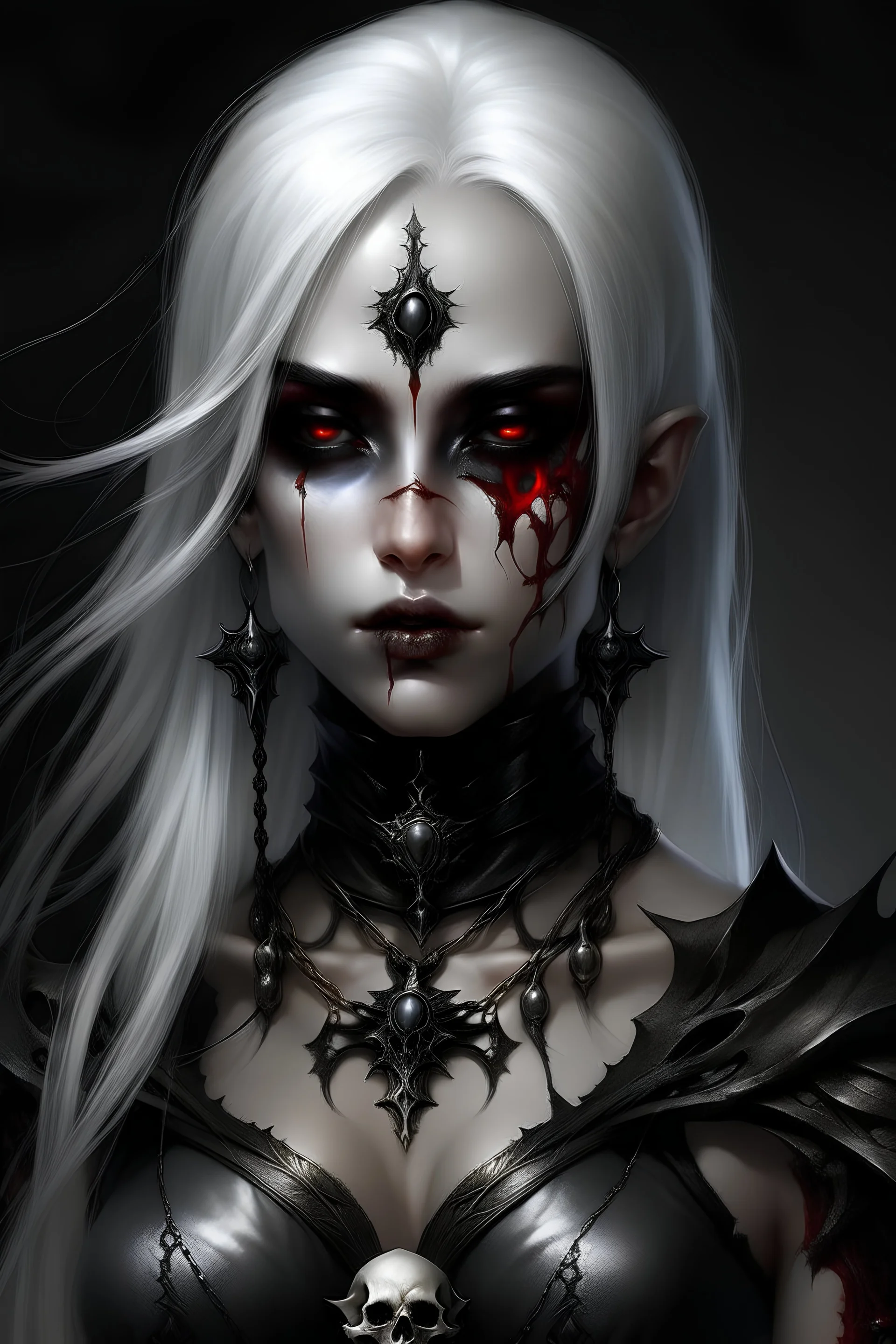 dark elf, female, dark fantasy style, red eyes, skull necklace, white hair