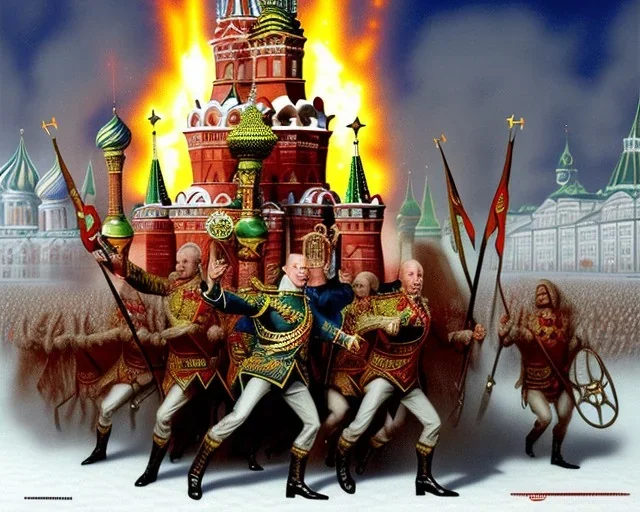 cruel satan president Vladimir Putin in Moscow with horns fangs and bombs guns