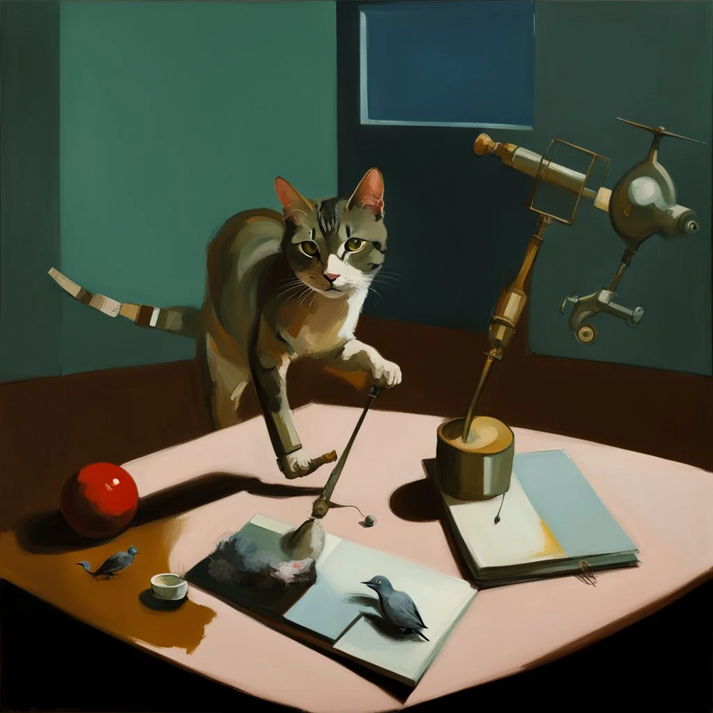 UN conference.a cat looking at a pigeon,human flesh-like surgical instruments and universe-like neuralink, surrealism,symbolism,minimalism,Painting By Adrian Ghenie, Rene Magritte, Salvador Dali, Lucian Freud