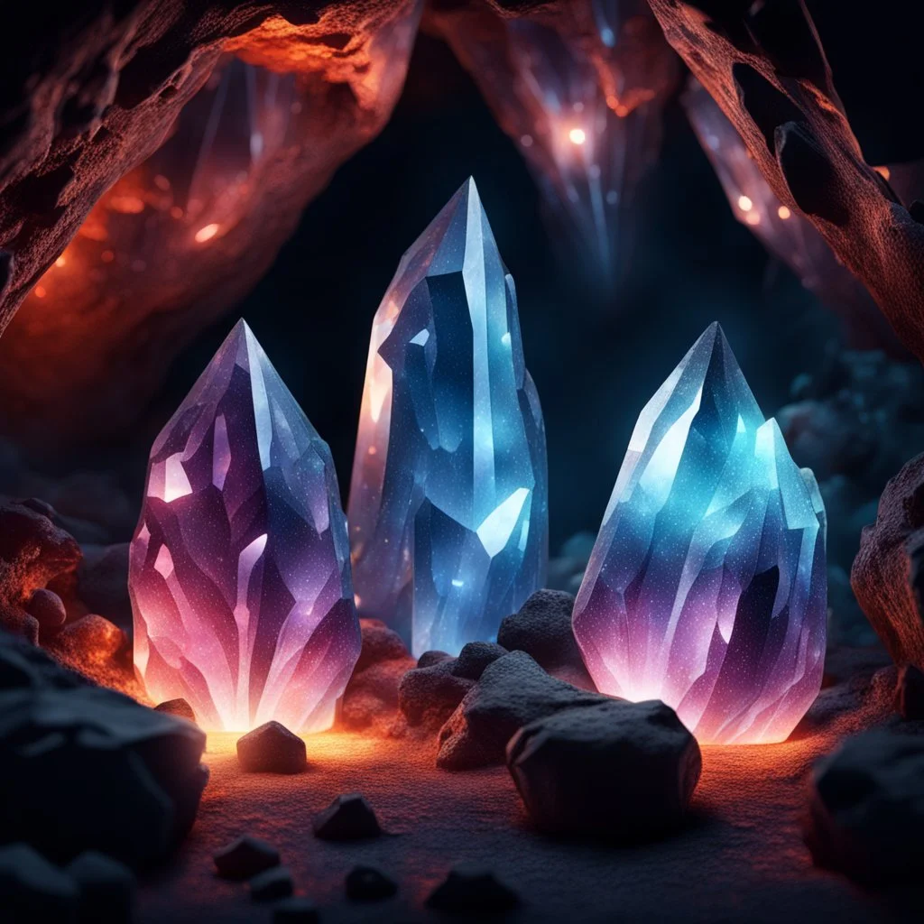 Hyper Realistic big glowing crystals in a volcanic cave at night