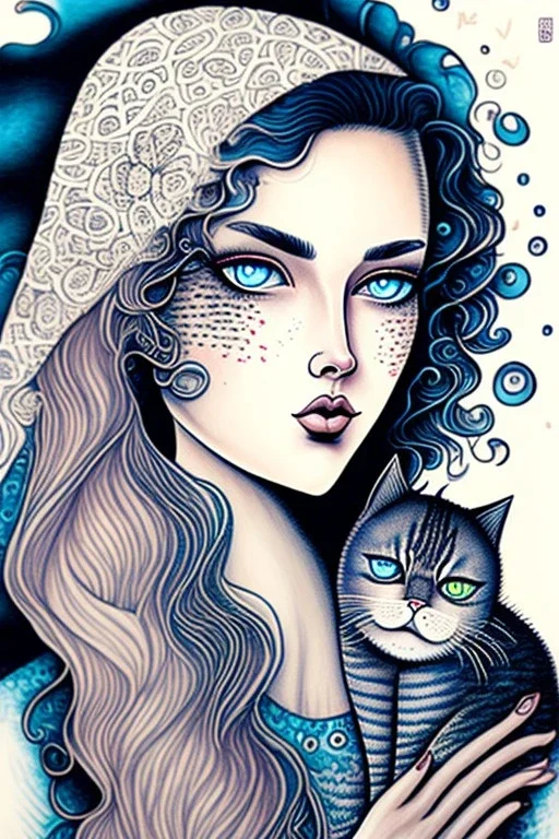 Cute friendly woman which is a cat, playing with cute cats, perfect eyes, perfect iris, ink and pencil, style Elisabeth Kreitz