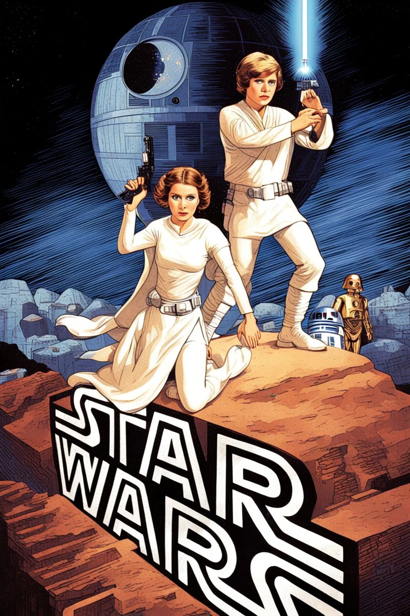 retro futurist movie poster for Star Wars episode 4 featuring luke and leia on top of a stone shaped as "STAR WARS" death star vin background, r2-d2 and C3PO behind to the right