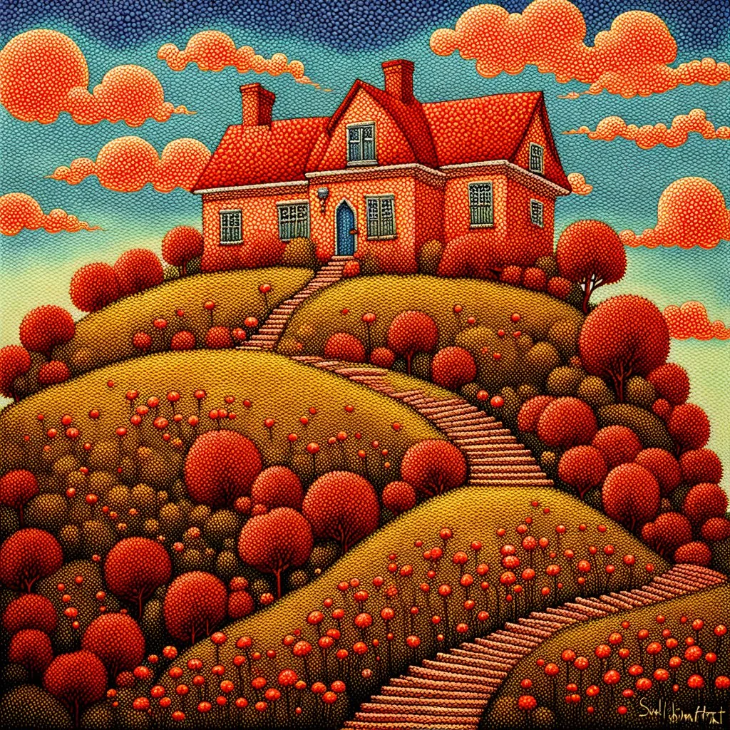 a painting of a house on a hill, a pointillism painting by Sylvia Wishart, deviantart, kinetic pointillism, detailed painting, whimsical, storybook illustration