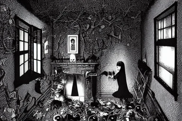 Wednesday Adams, scary dark room, spiders, Escher style