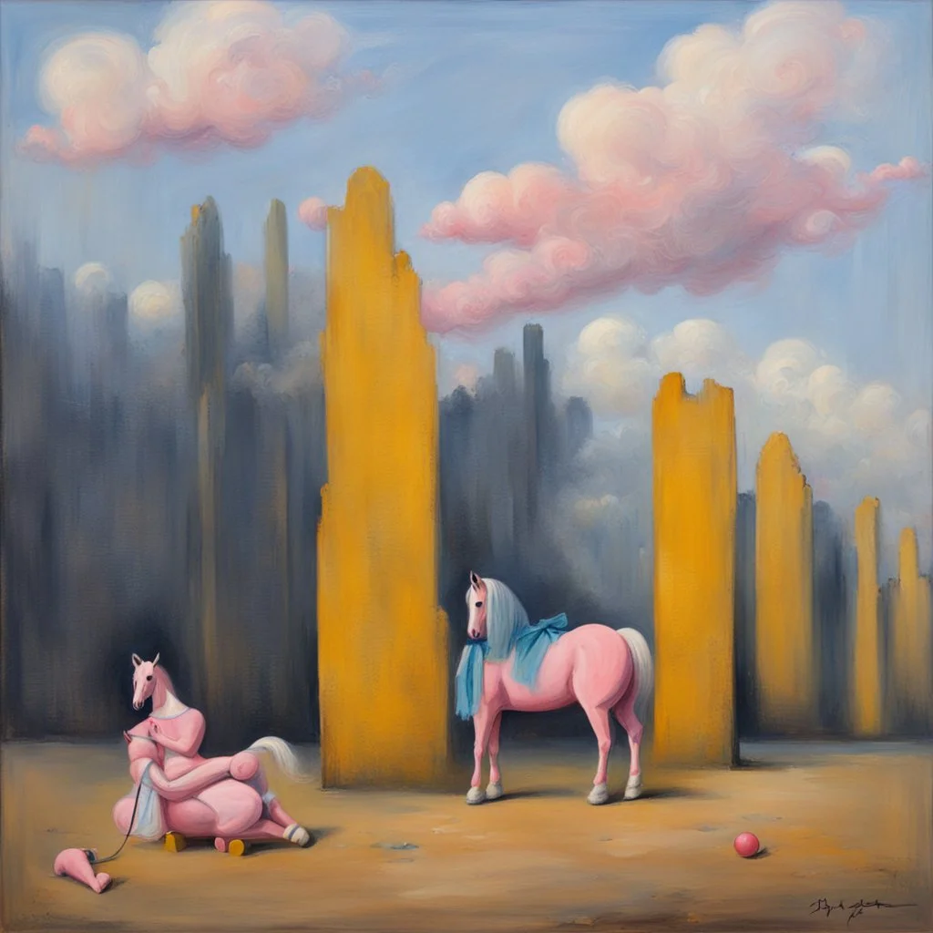 Big pink toy horse.19th painting