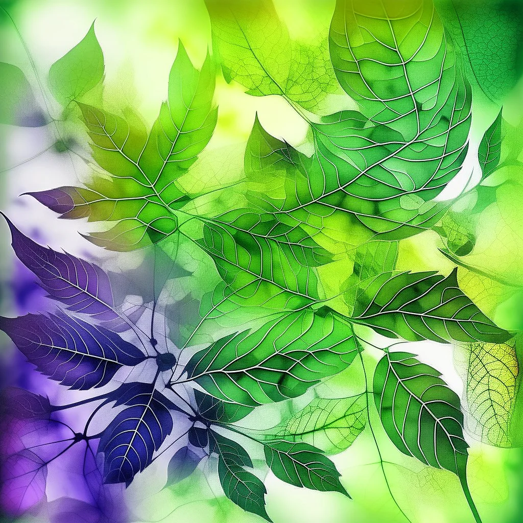 A vintage microscopic serigraphy of leaves, with an out of focus, psychedelic and abstract appearance. The image is dominated by a white background with subtle gradients of light green, deep purple, and yellow. The grainy texture and vintage look of the image evoke a sense of nostalgia and intrigue.