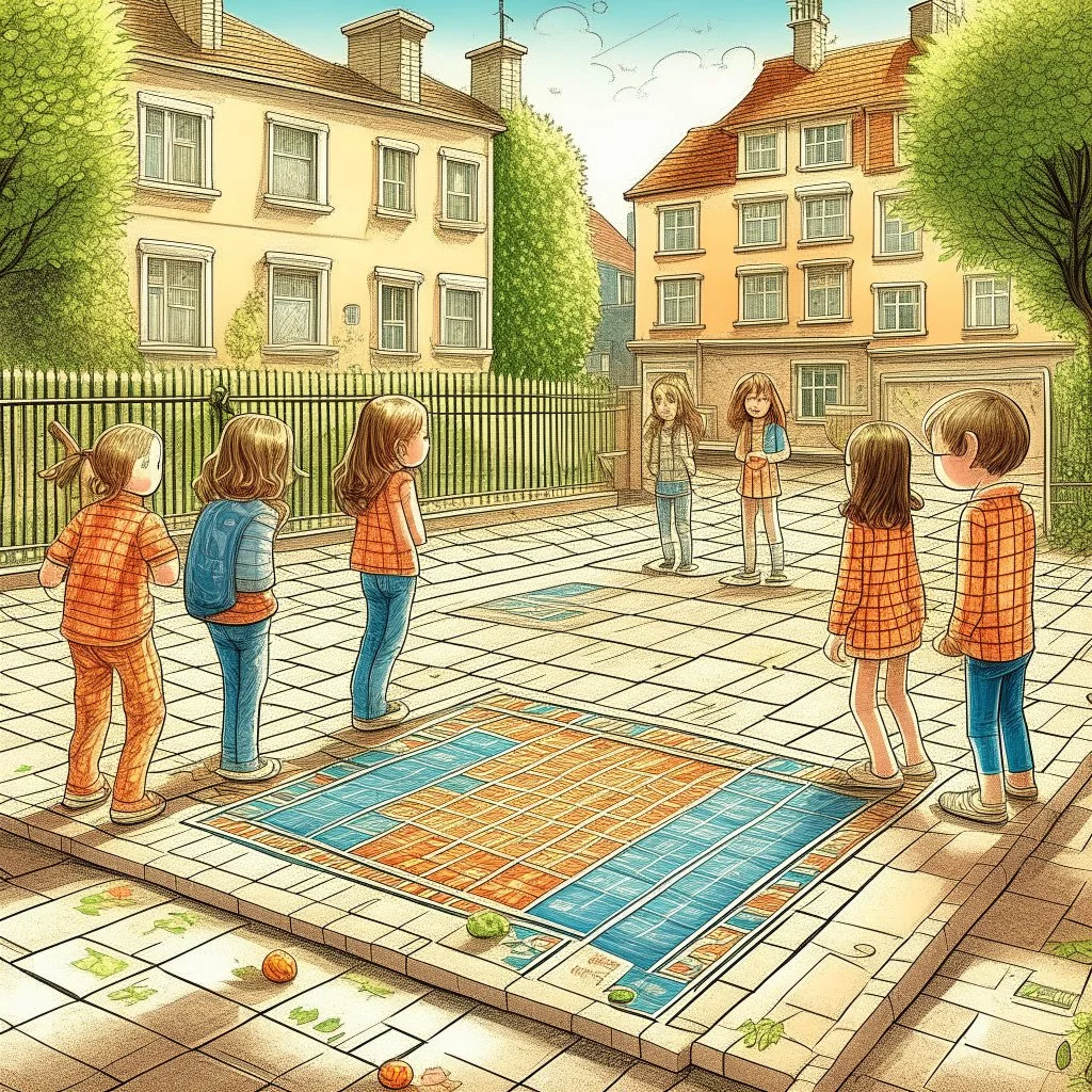 A drawing of a game of hopscotch on the street with girls discussing it next to it