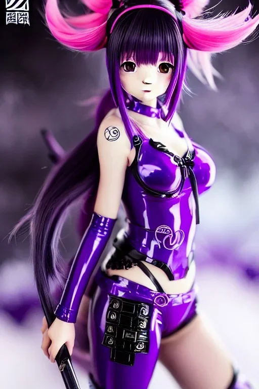 Detailed cute anime Kunoichi girl, purple hair buns, purple bangs, black latex bodysuit, intricate details, full body portrait, keep head in frame, slight smile, black Japanese motif, concept art, highly detailed, digital painting, concept art, sharp focus, illustration, art by Yoji Shinkawa, WLOP and greg rutkowski and alphonse mucha and artgerm and yanjun Chen and Junji ito and Makoto Shinkai, HDR, octane render