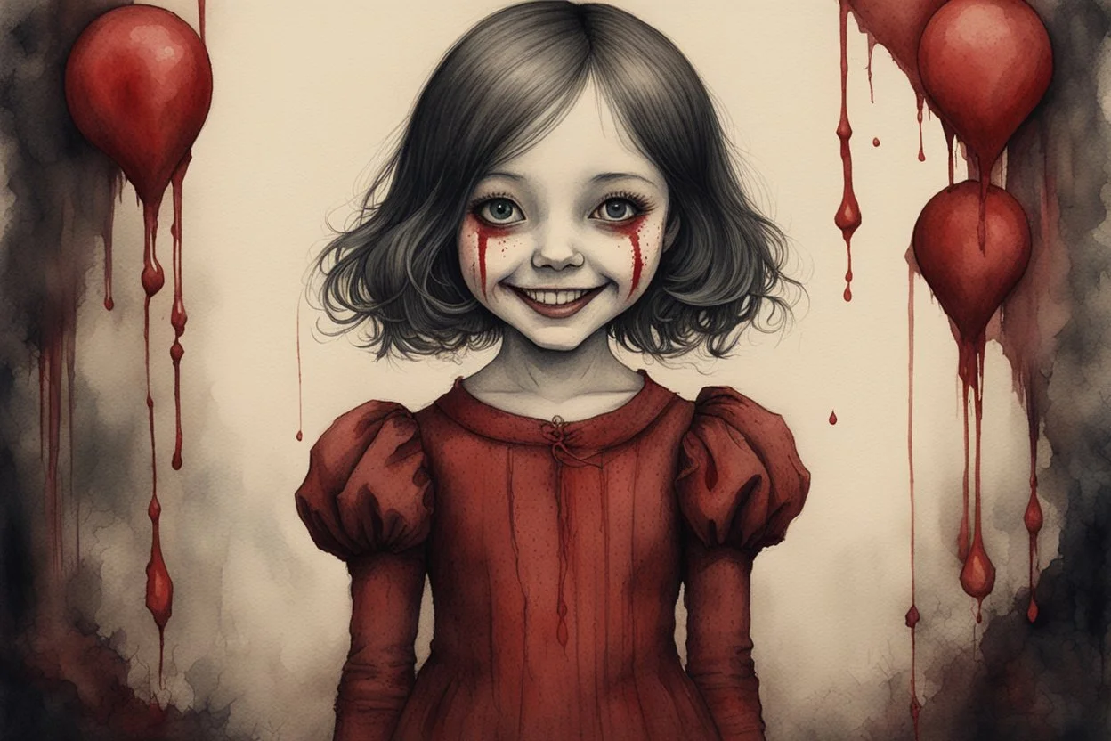 body anormal, smile blood, girl cute, watercolor illustration by <John Kenn Mortensen>, darkred tones,