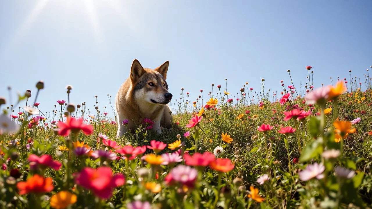 Among the flowers, a wolf seeks shade in the sun