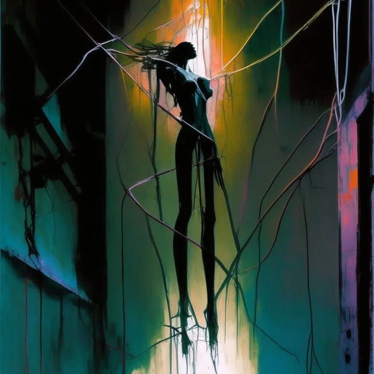 Minimal abstract oil painting of a woman limbs sinew. in concrete warehouse brutalist architecture and hanging wires illuminated at night. With triadic colours. In the style of Justin Mortimer and Phil Hale, Ashley Wood