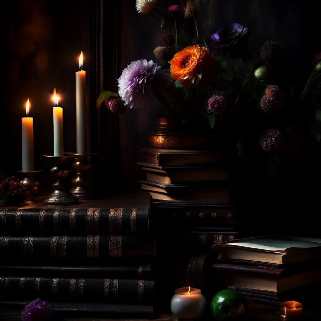 rave on books with flowers and lit candles dark moody art with browns green earthy tones, deep purples, hyper realistic maximalist concept art