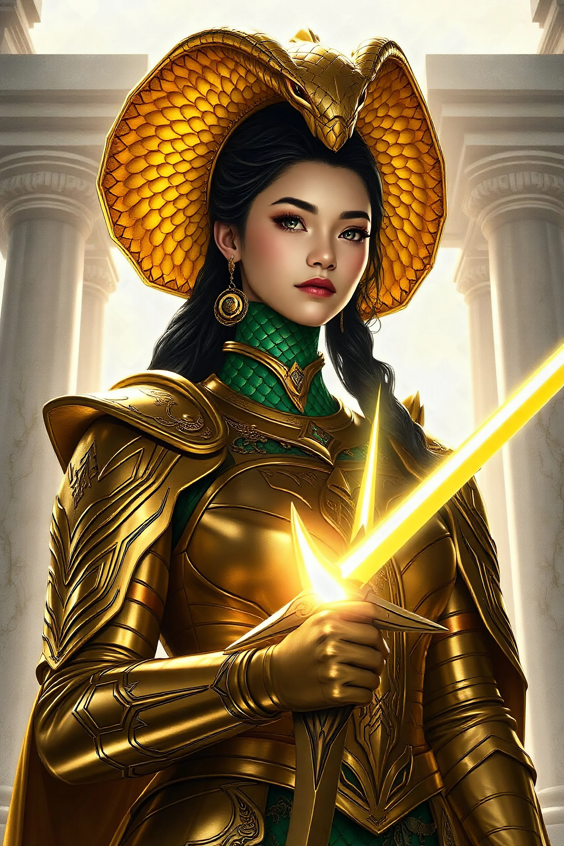 Renaissance painting style, low-angle portrait: Yuan-ti pureblood paladin in golden armor, with elegant emerald scales on her lower face and neck. Her cobra-like hood flares regally, while her eyes remain warmly human. She holds a glowing sunblade, standing before simple temple columns with minimal vines. Soft divine light illuminates the scene.