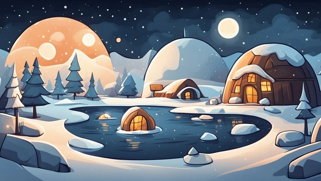 cartoon illustration: North Pole night, nature and igloos