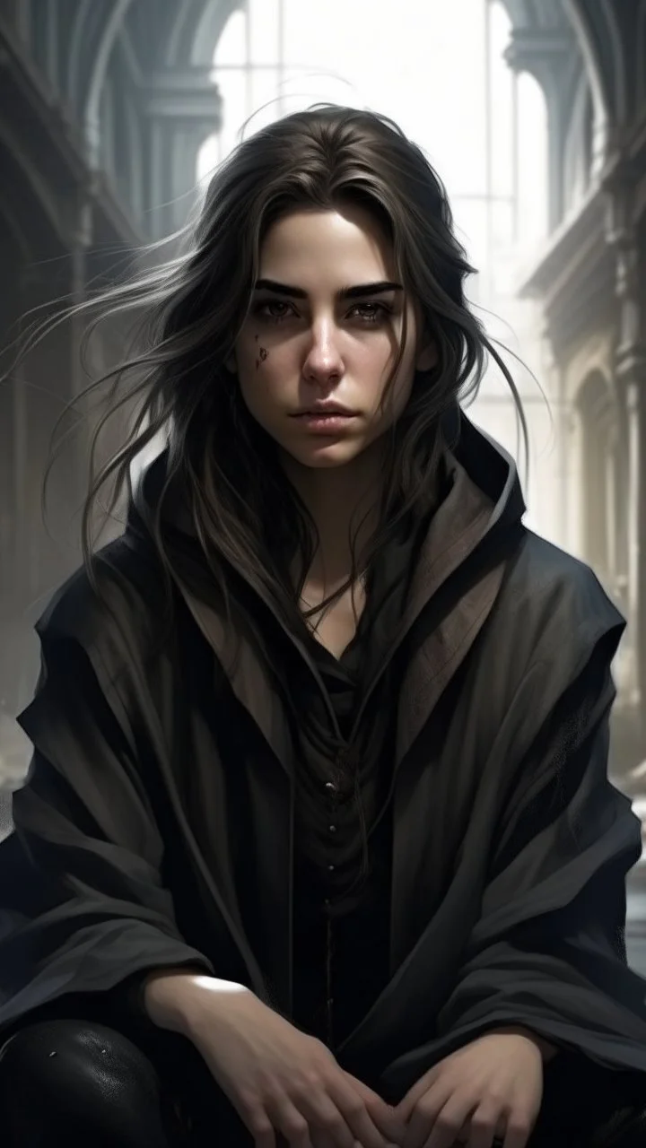 Portrait of Vin from the mistborn series wearing her miscloack