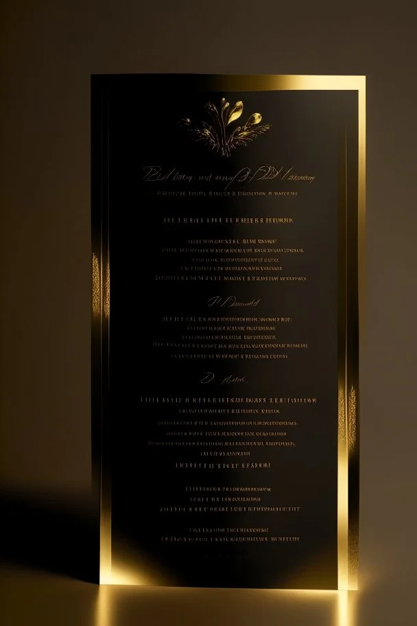 An extremely formal, funeral program for a black man on darkest bronze deeply pigmented velvet paper with brilliant, brightest heavy golden fonts, simple, minimalistic, less element, very dramatic lighting