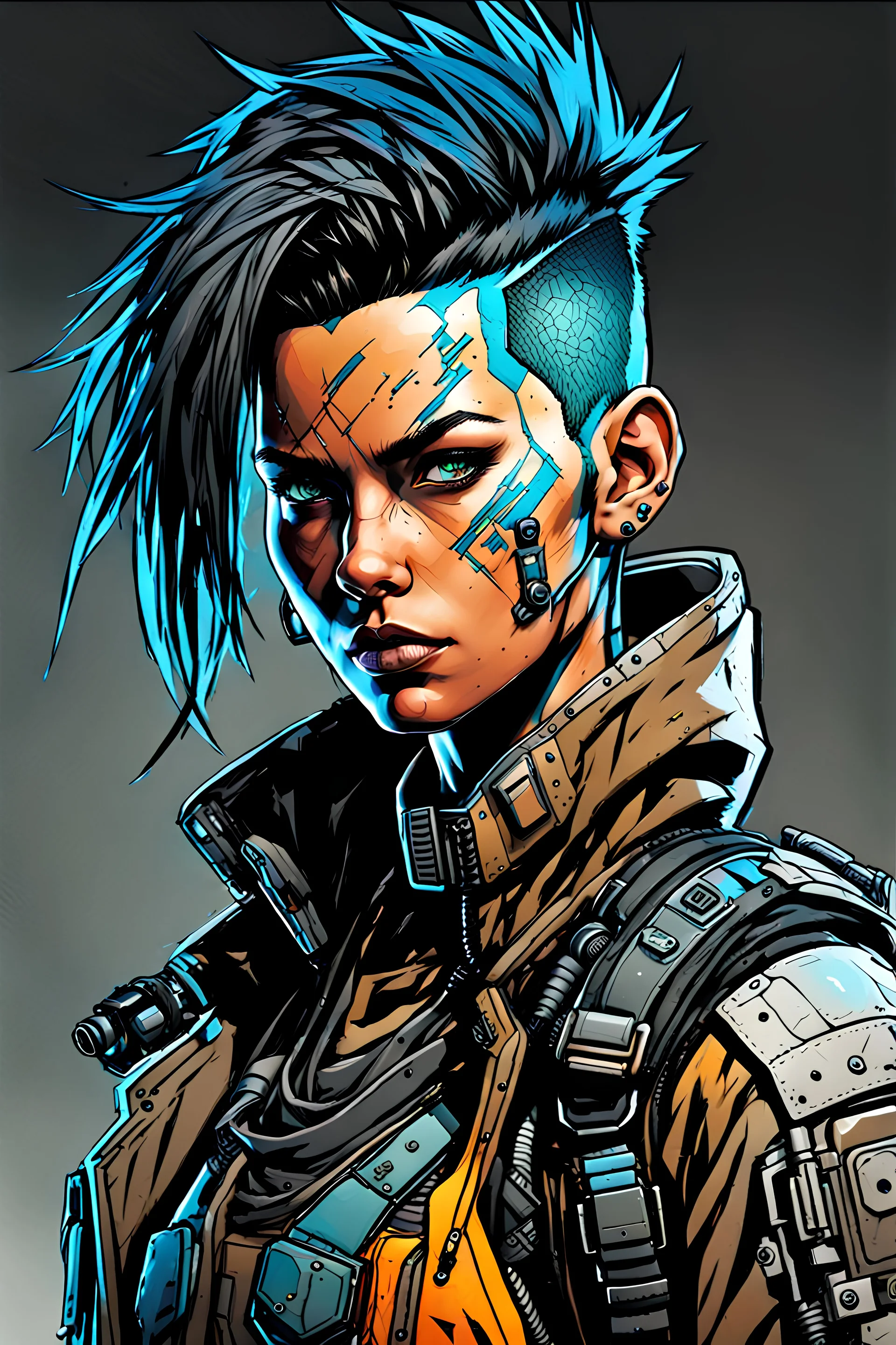 create a full body portrait sketch of a a coarsely shaved, raggedly dressed, post apocalyptic, female cyberpunk scavenger , with highly detailed and deeply cut facial features, searing lines and forceful strokes, precisely drawn, boldly inked, with gritty textures, vibrant colors, dramatic otherworldly lighting