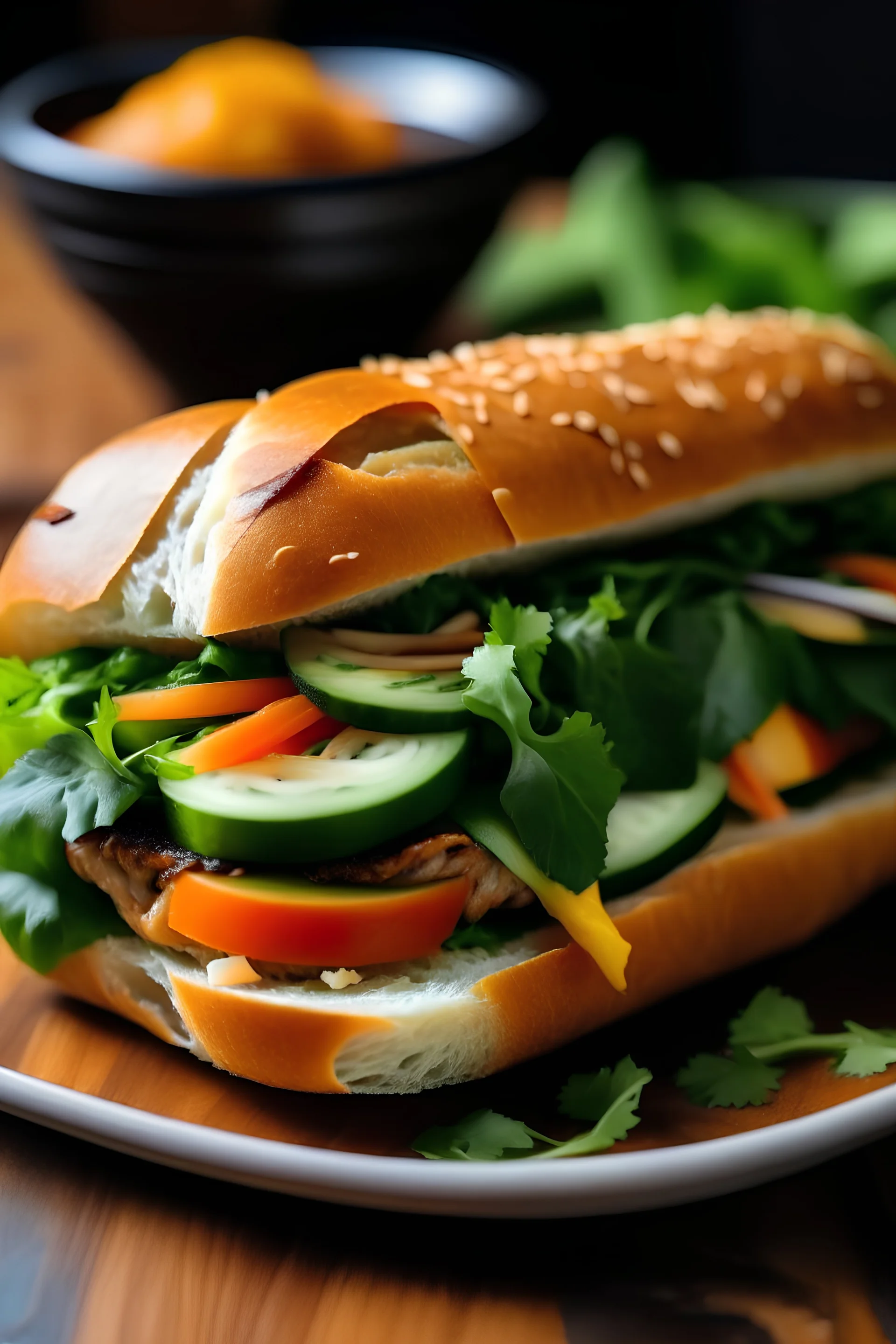 A picture of a Vietnamese-style sandwich with crispy baguette and fresh vegetables.