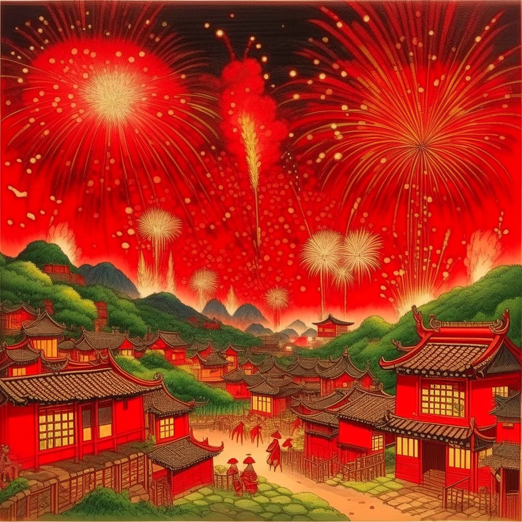 A red Japanese village with fireworks painted by Guo Xi