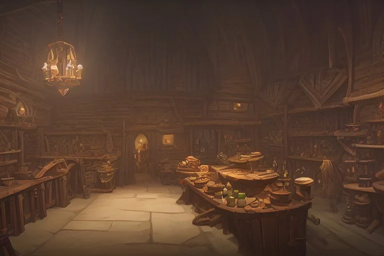 inside of a medieval shop, wooden walls, log pillars, stone bar with shop keeper behind it, magical ingredients on display and weapons on display. people, elves, goblins, orcs, dwarves and lizard folk in room. low lighting and creatures in containers. shelves half empty