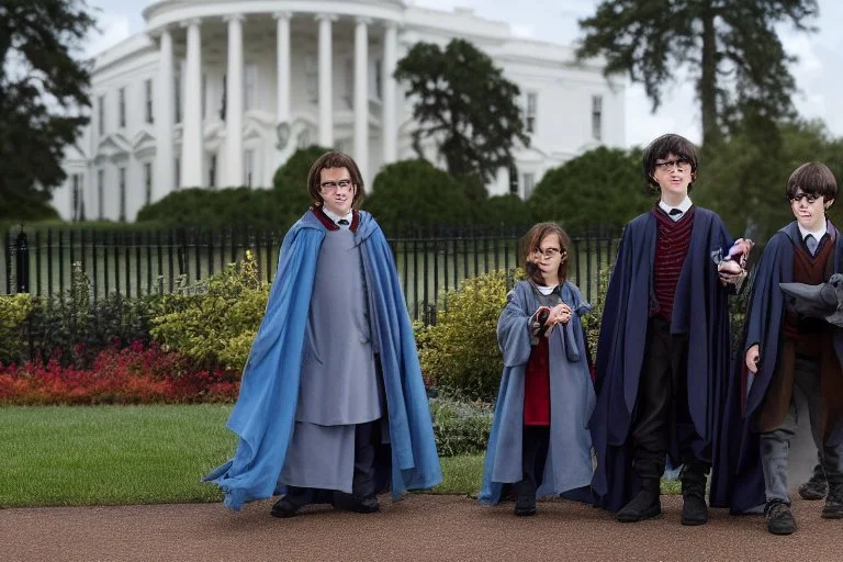 realistic young Harry Potter movie characters in front of white house