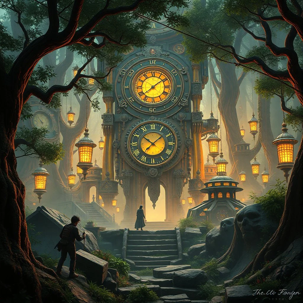 Scene from a modern fantasy action movie featuring the "Garden of Practicality", the Clockwork Forest Realm of Ix Chel, Cyberpunk style. Coloring similar to Lord of the Rings movies.