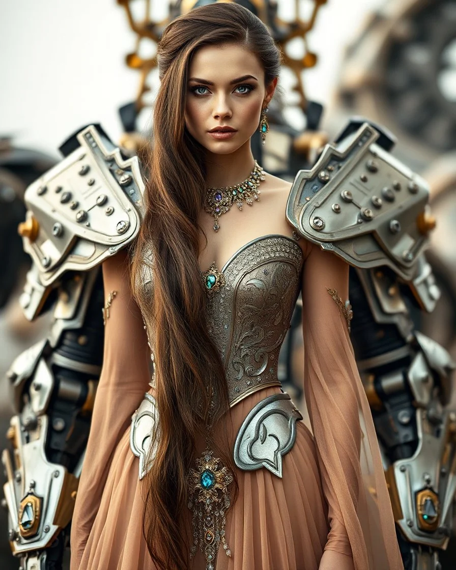 Photography,pretty women,full body,standing looking front view,brown long hair, long gown dress mechanical,delicate gold and full diamonds colors crystal jewelrys,silver metalic parts, golden parts, intricate armor, detailed part,Movie Still