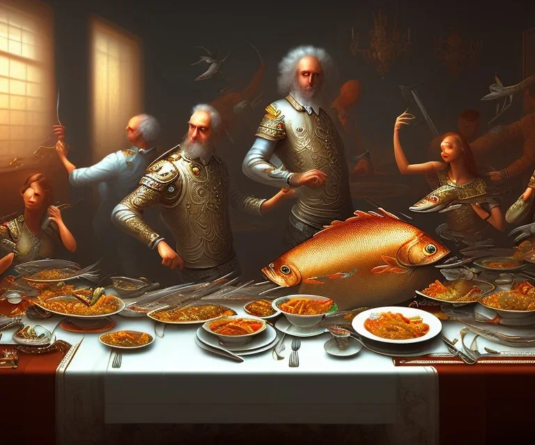 supper, fish sit at the table and eat pieces of people.