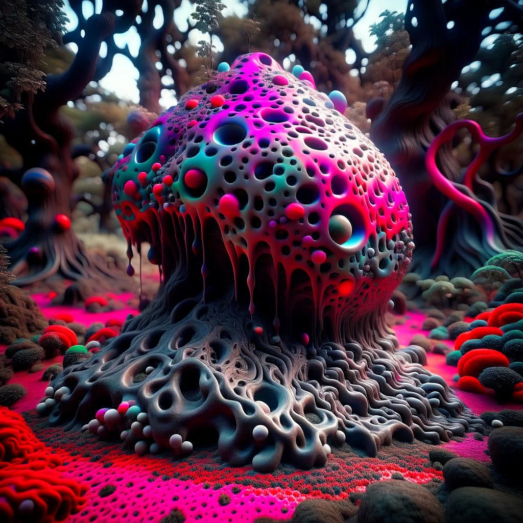 Irregular black spots, 8k, 3d render, Zdenek Burian, melting horror, tridimensional figures, intricate patterns, forest, sinister scribbles, colors, shot on Hasselblad, Yves Tanguy, tragicomic