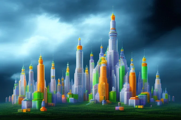 One mile tall plastic city Towers made out of stacked Rubik's Cubes, Orange, white, blue, green. Stormy sky