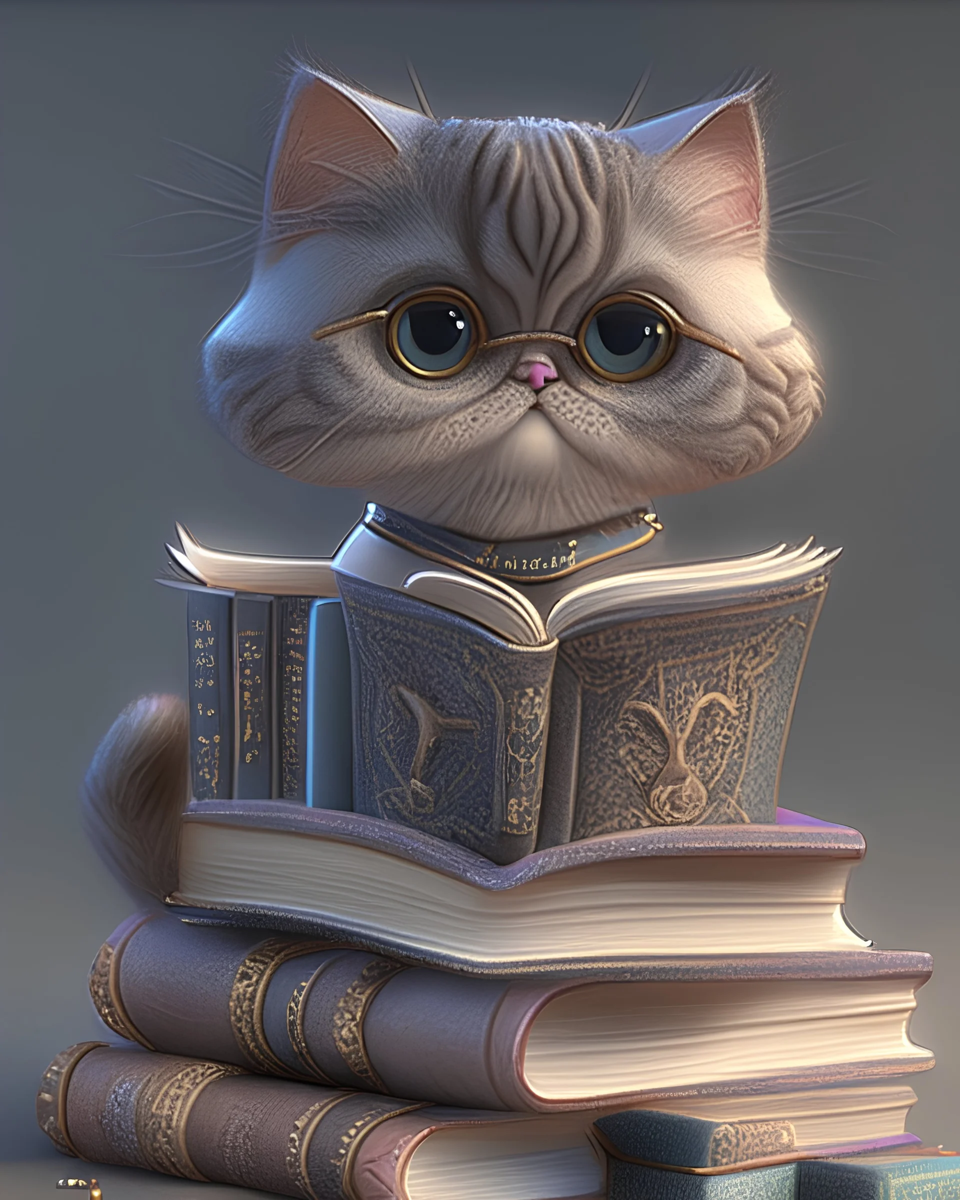 Cute small humanoid cat and a lots of books, unreal engine, artstation, hyper-detailed, digital painting, crisp quality, cinematic, character design by mark ryden and pixar and hayao miyazaki, unreal 5, daz, hyperrealistic, octane render