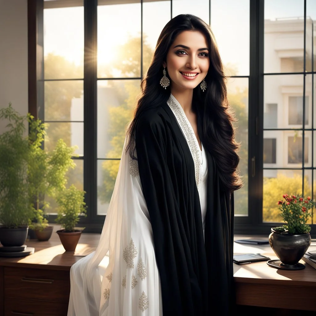 Hyper Realistic Photographic View Of A Gorgeous Pashto Young Woman (Wearing Long Black Coat With White Dress With Black Embroidery & Wearing Plain Black Dupatta On Her Neck) Alone Happily Standing & Smiling In Her Office Room With Her Beautiful Long Black Hair With Sun Rays Coming From A Fancy Window At Her Back, With A Little Garden View From Outside WIndow Showing Dramatic & Cinematic Ambiance.