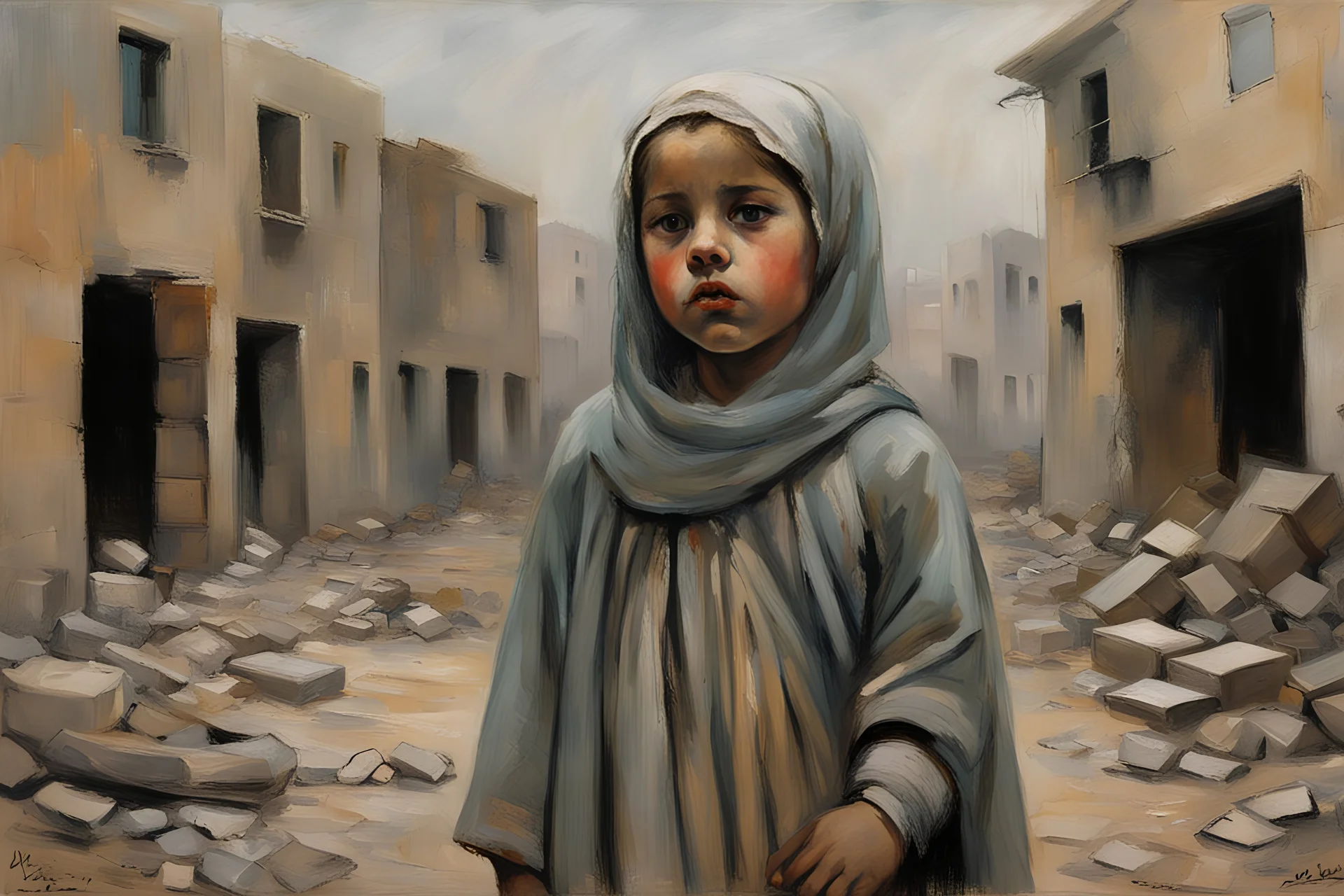 Grey sky, crying little palestinian girls wearing kuffeah and palestinian clothes, rocks, destroyed buildings , emotional influence, friedrich eckenfelder and willem maris impressionism paintings