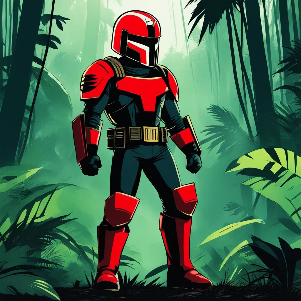 [hazbin style] judge dredd in his iconic costume and helmet, with boots in the jungle were a plane crashed