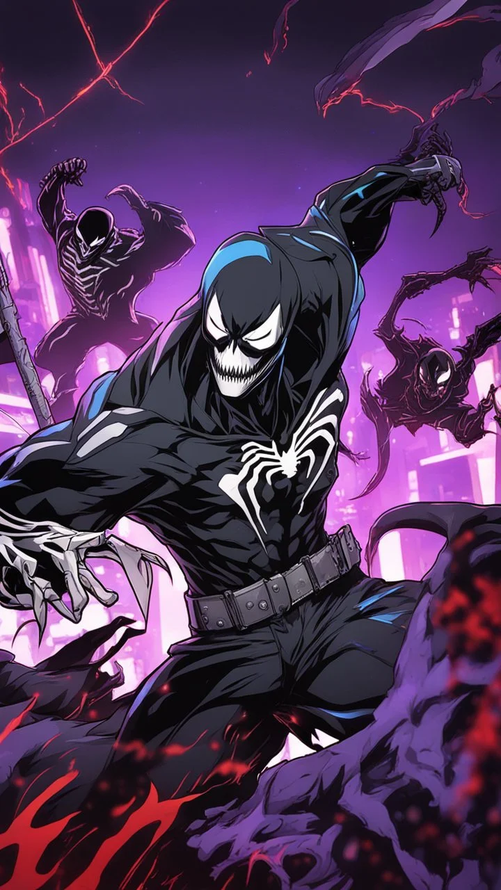 Mix between venom symbiote and Reaper in solo leveling shadow style with neon glowing blue