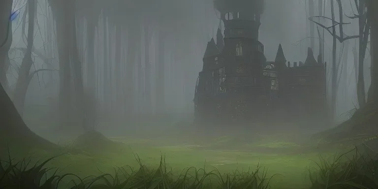 Ruined overgrown castle deep in a misty forest