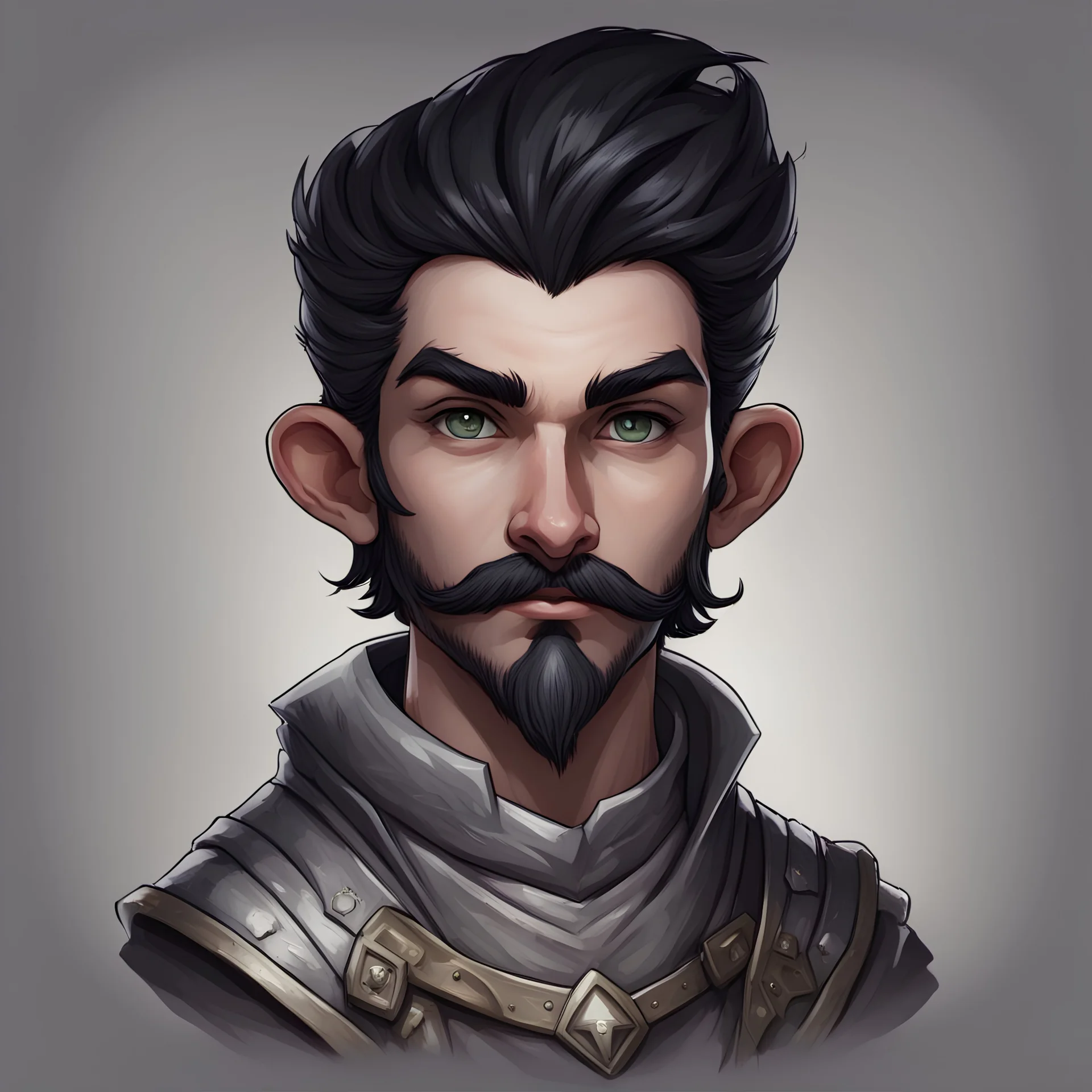 Generate a dungeons and dragons character portrait of the face of a male cleric of twilight handsome rock gnome blessed by the goddess Selune. He has black hair, eyebrows, moustache and goatee. He's 19 years old. His eyes are dark grey. His eyebrows must be the same color as his hair.