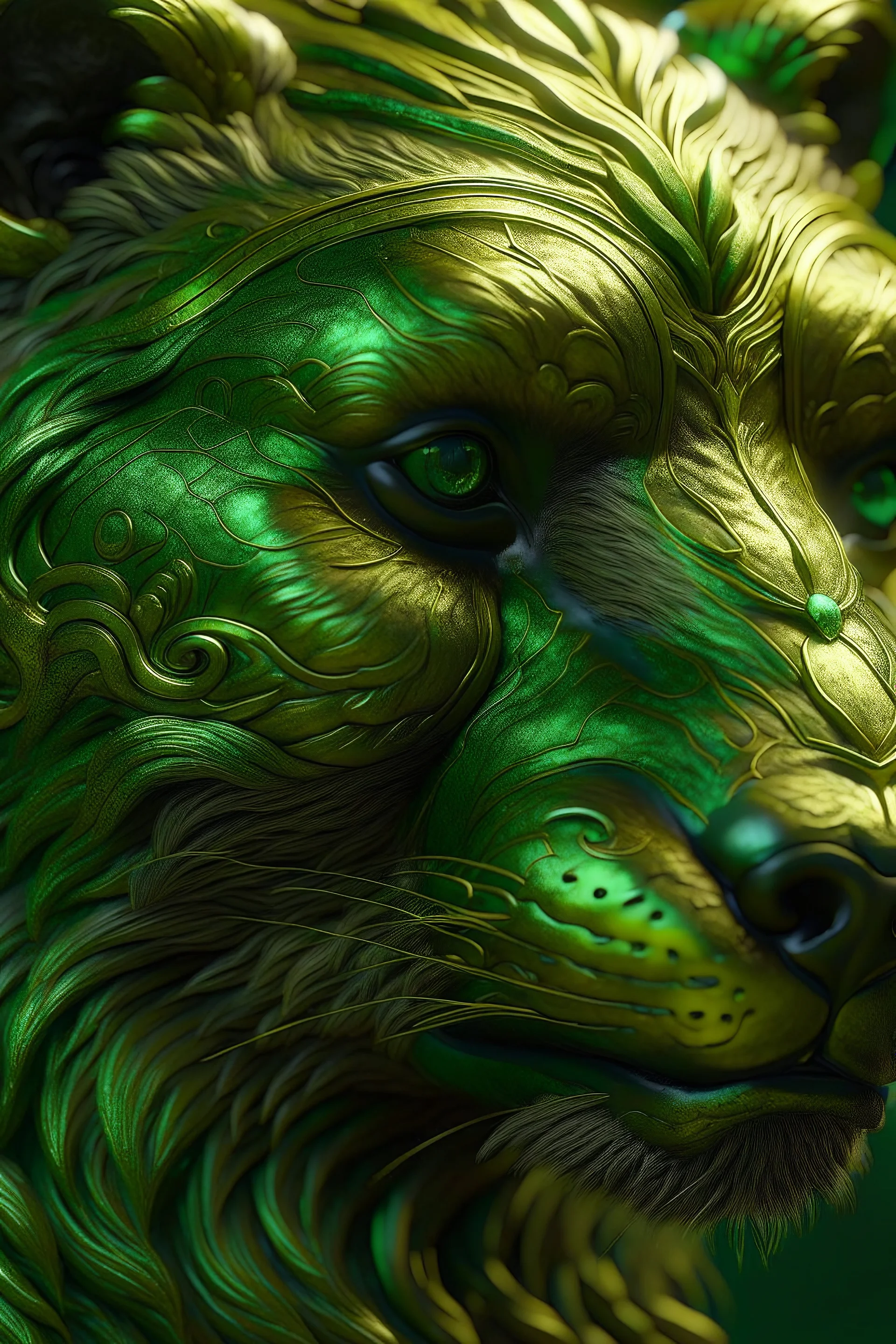 a close up of a green and gold animal, a 3D render by Anne Stokes, cgsociety, furry art, daz3d, behance hd, artstation hd