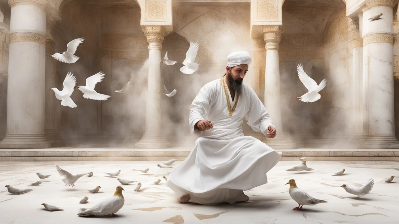 Hyper Realistic Sufi Whirling on stone floor with white & Golden Islamic Sufi Rustic Grungy Background outside white marble Islamic monument with pigeons flying