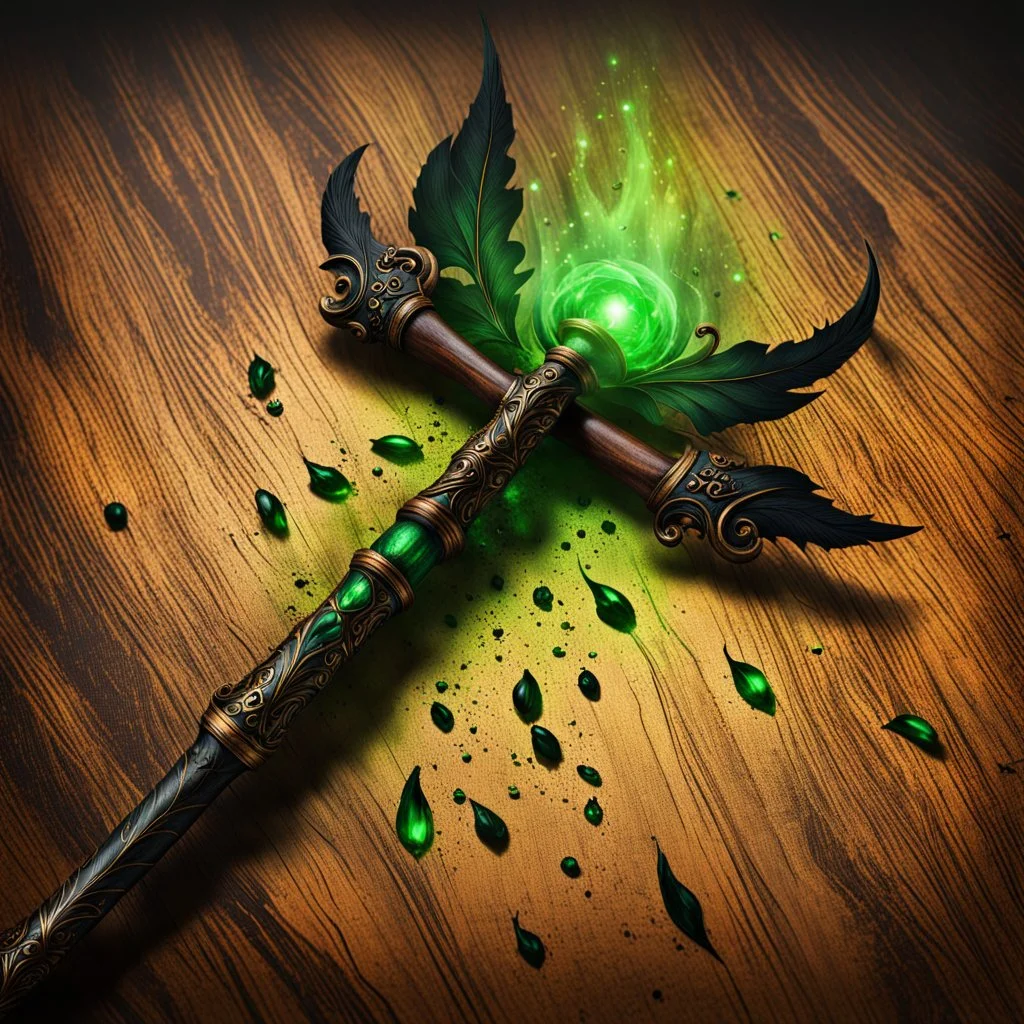 Closeup of an old, dark, wooden magical wand used for black magic. Poison-Green details. Evil. Dark. Black magic. No detailed background.Magical. Epic. Dramatic, highly detailed, digital painting, masterpiece