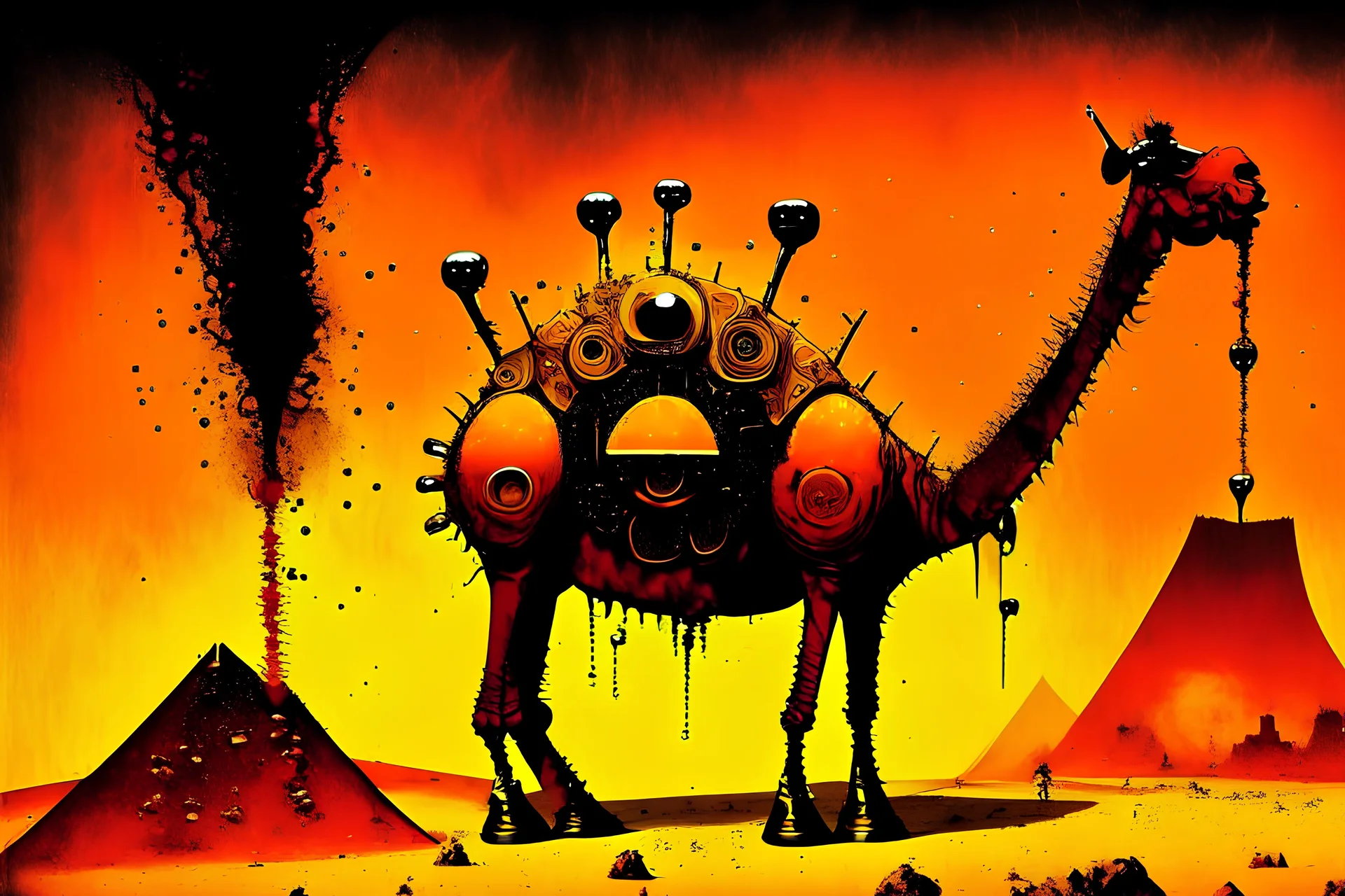 gloomy image of surreal steampunk cyberpunk a scary Giant Camel robot with volcano explosion on camel back,a red mixed yellow liquid Maxma fire-foams air-bubbles spilling and melting down from it ,solar system background,in the style of tim burton, john kenn mortensen and leonora carrington, bizzarre, wacky, mixed media, surrealism painting, a journey into my imagination, detailed, elegant, intricate, 4 k, scary painting
