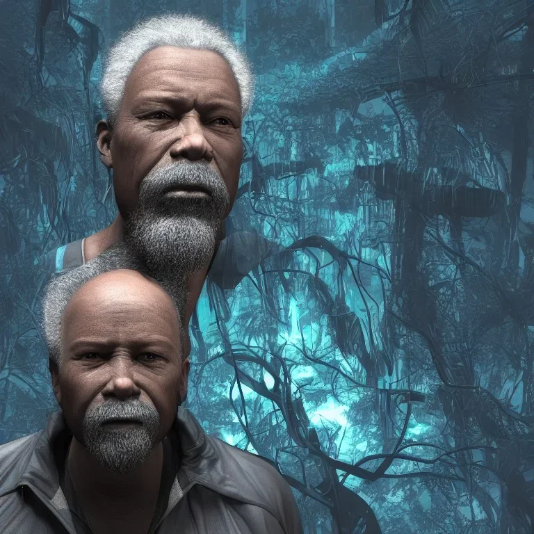 3D render of a cyberpunk tribal old black man, gray hair and goatee, on a dark blue jungle background, digital art